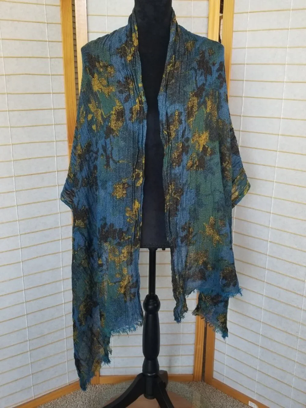 Ann Taylor Blue Scarf Night Sky Black Gold Accents Rectangular Wool Blend Long